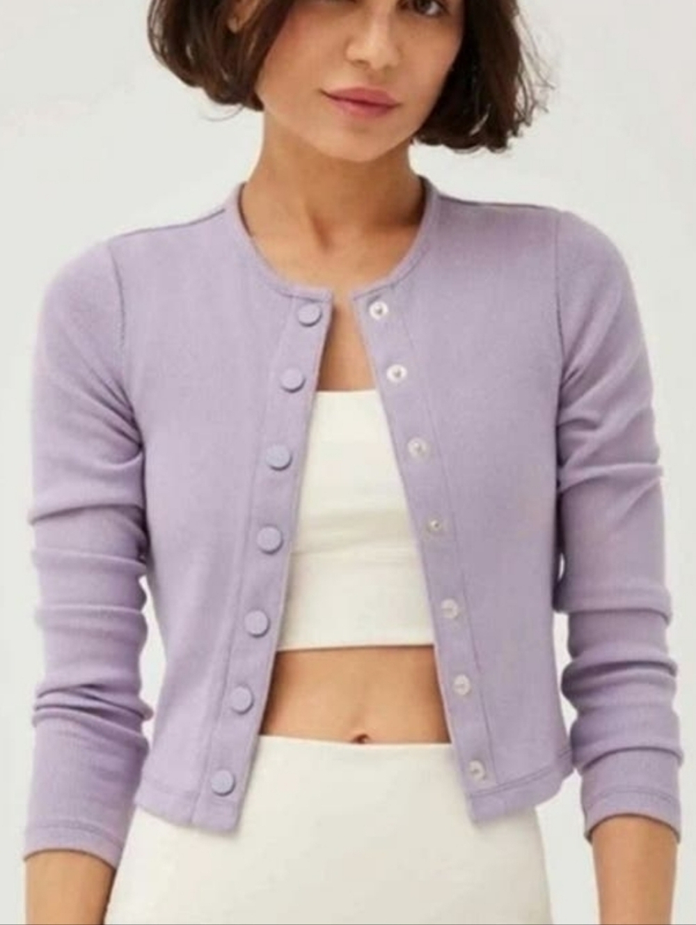 Outdoor Voices Cozy Rib Cropped Cardigan Earl Grey/Lavender Soft Girl Athleisure - Picture 2 of 13